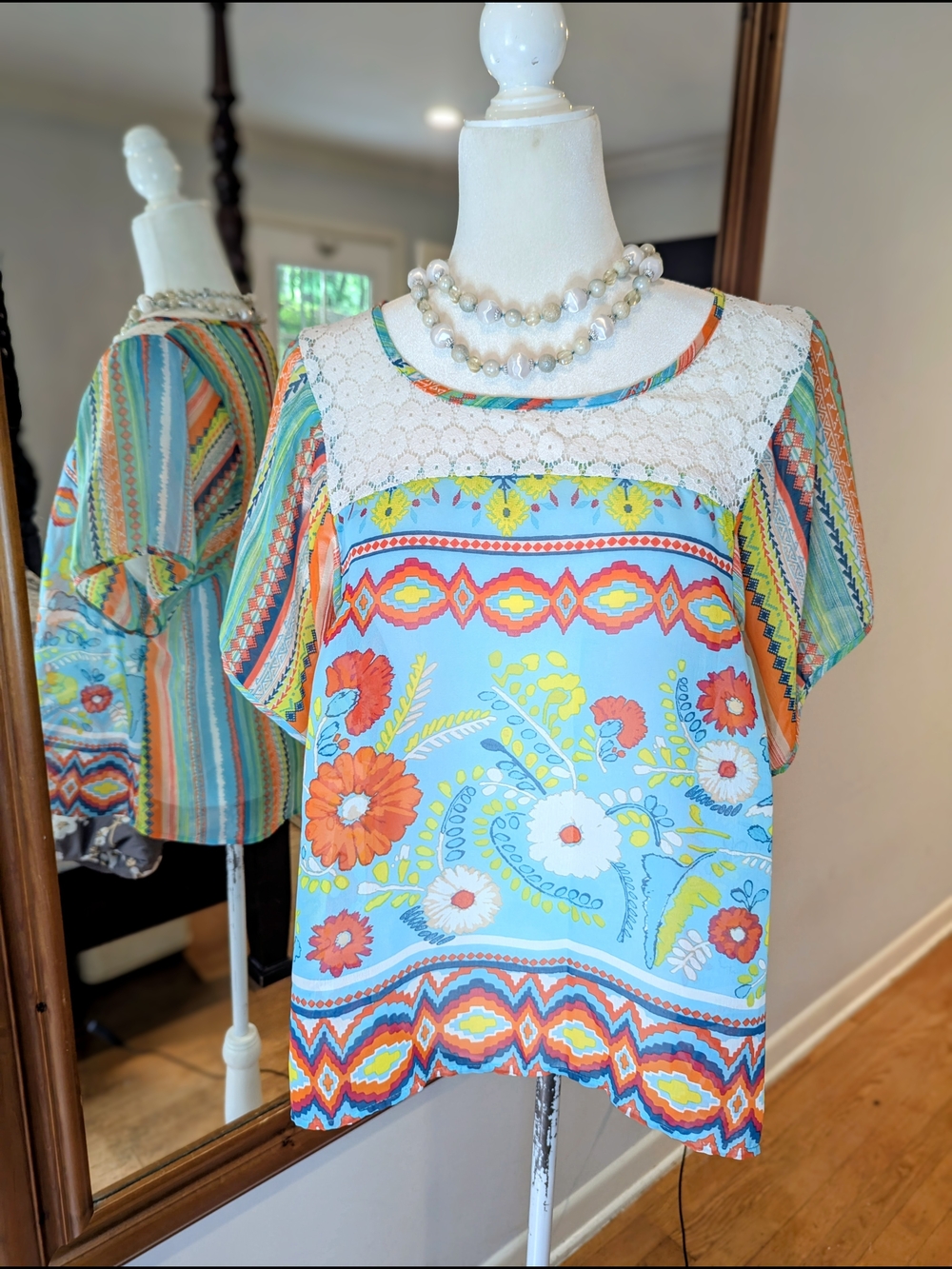 fig and flower Light Blue Floral Lace-Yoke Blouse